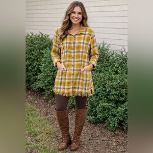 Women’s Mustard Yellow Plaid Tunic Shirt Dress Fringe Hem Pockets Boho Large